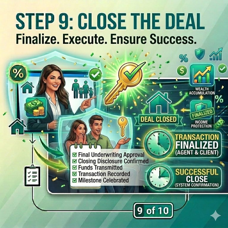 Step 9 of real estate deal closing process showing finalized transaction, final underwriting approval, and success confirmation with business professionals and financial icons