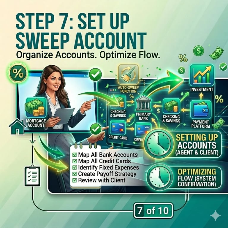 Step 7 financial planning guide showing woman organizing bank accounts and credit cards with checklist, icons for mortgages and investments on green background.