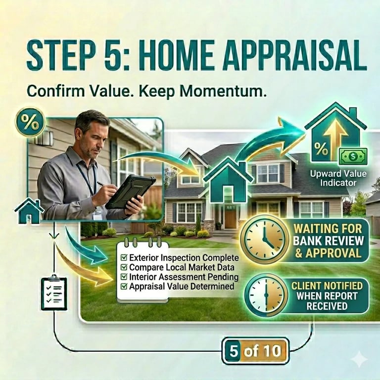 Step 5 home appraisal infographic showing inspector reviewing property with checklist, market data comparison, and upward value indicator with clocks for waiting times.
