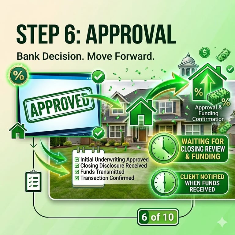 Infographic showing Step 6 of mortgage approval process with approved stamp, house, green checkmarks, and timeline for closing and funding confirmation.