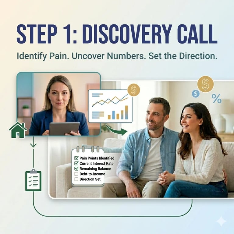 Infographic showing Step 1 Discovery Call with a financial advisor on tablet speaking to a couple about identifying pain points, uncovering numbers, and setting direction