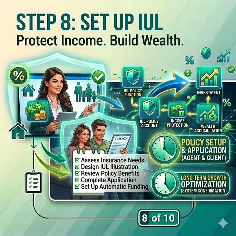 Infographic for Step 8 of IUL setup showing insurance protection and wealth building with checklist items and policy application timeline.